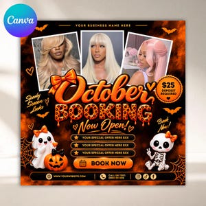 May include: A digital flyer for October bookings featuring three photos of individuals with different hair colors, a cartoon ghost with a pumpkin, a skeleton, and orange text reading October Booking Now Open, Book Now, and $25 Deposit Required.