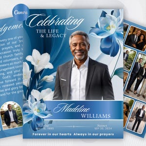 Blue Funeral Program Template, Celebration of Life Canva Template, Editable Memorial Booklet, Church Funeral Program, Printable Obituary