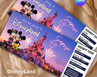 Modèle de billet pour Disneyland Paris, carte d'embarquement surprise Disney Vacation Reveal, bon cadeau personnalisé modifiable pour les fêtes, téléchargement immédiat Canva