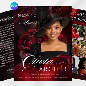 Puede incluir: Una plantilla de programa funerario con el retrato de una persona que lleva un sombrero negro con una rosa, rodeado de rosas de color rojo intenso. El texto incluye IN LOVING MEMORY, Olivia ARCHER, 15 DE FEBRERO DE 1984 - 20 DE AGOSTO DE 2024.