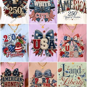 Op de afbeelding: Een collectie van negen t-shirts met patriottische Amerikaanse grafische prints. De ontwerpen bevatten adelaars, strikken, kersen en bloemmotieven met teksten zoals 250 Years of Freedom, USA, American Honey en Land of Liberty in rood, wit en blauw.