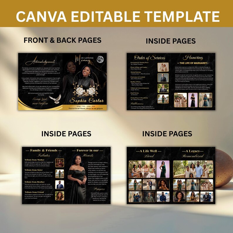 Easy-to-edit celebration of life program featuring a gold-framed portrait and floral design.