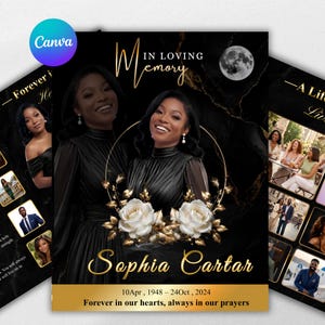 May include: A funeral program template featuring a black marble background with gold accents, a portrait of a smiling individual, two white roses, a full moon, and the text In Loving Memory, Sophia Cartar, 10Apr, 1948 – 24Oct, 2024, Forever in our hearts.