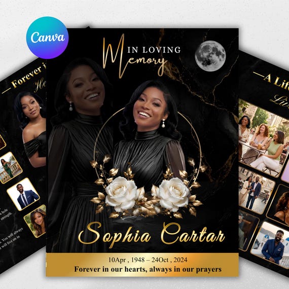 Black and Gold Funeral Memorial Program Obituary Funeral Programs Canva Funeral Printable Obituary Template Funereal Memorial Obituary Card