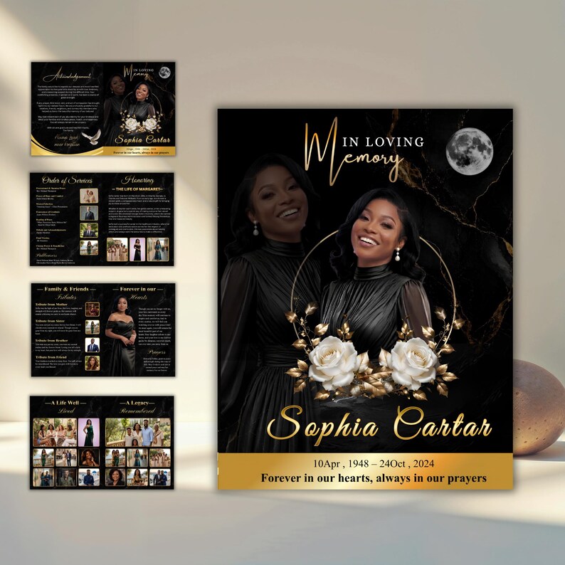 Customizable memorial service booklet design with gold floral accents and photo collage layouts.
