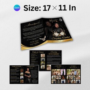 Sophisticated Memorial Service Booklet Template with Photo Collage and Floral Design.