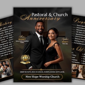 Könnte beinhalten: Ein Flyer für ein pastorales und kirchliches Jubiläum mit einem Mann im schwarzen Anzug und einer Frau im schwarzen Spitzenkleid. Der Text enthält die Namen Ethan Bennett und Sophie Bennett, den Titel Pastoral & Church Anniversary und New Hope Worship Church.