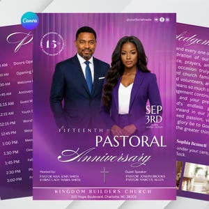 Puede incluir: Un folleto de evento morado para el 15º aniversario pastoral de la iglesia Kingdom Builders el 3 de septiembre. Presenta a un hombre con traje azul marino y una mujer con blazer morado, con texto detallando el programa, anfitriones y oradores.