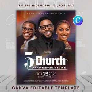 Puede incluir: Una plantilla de folleto digital para el 5º aniversario de una iglesia con tres personas sonrientes con ropa profesional. El texto incluye 5th Church Anniversary Service, Oct 25 2026, 9:00PM Sunday y espacios para nombres y datos de contacto.