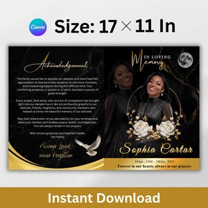 Modern obituary program template in Canva featuring a professional black and gold theme.