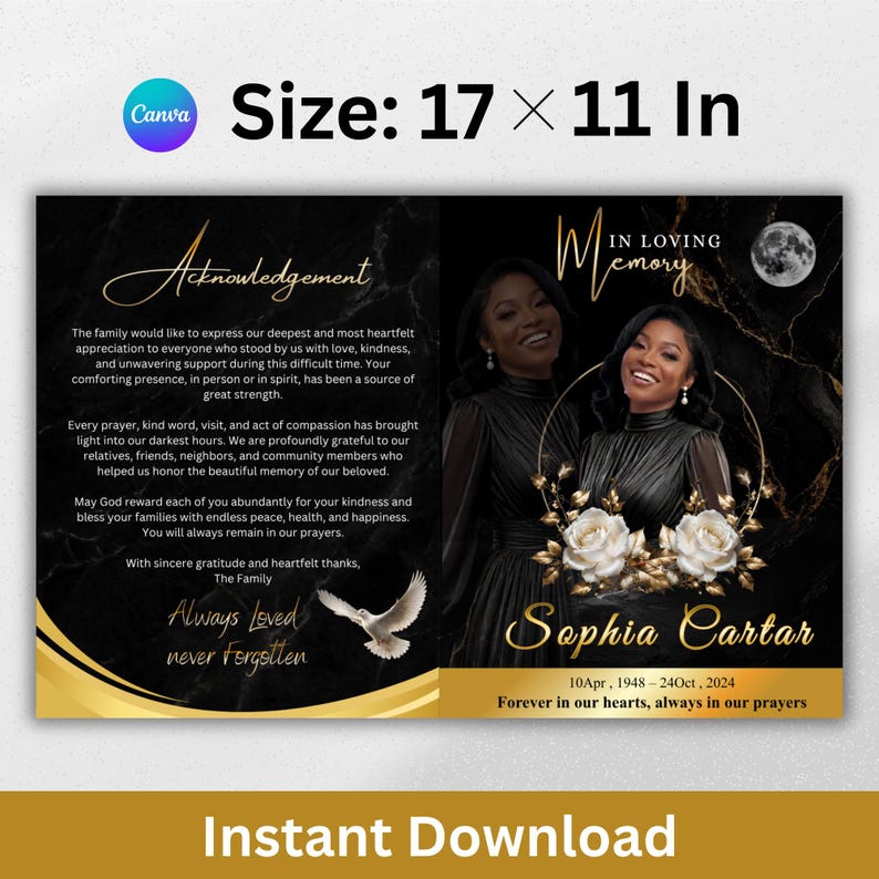 Modern obituary program template in Canva featuring a professional black and gold theme.