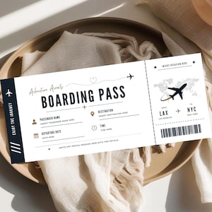 Könnte beinhalten: Eine weiß-dunkelblaue Bordkarten-Vorlage mit dem Text Adventure Awaits, BOARDING PASS, ENJOY THE JOURNEY, INSERT OCCASION HERE, PASSENGER NAME, DESTINATION, DEPARTURE DATE, TIME, LAX, LOS ANGELES, NYC und NEW YORK.