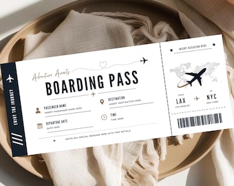 Modello di carta d'imbarco modificabile, biglietto aereo personalizzato stampabile, biglietto regalo di compleanno, carta d'imbarco fai da te, modello CANVA