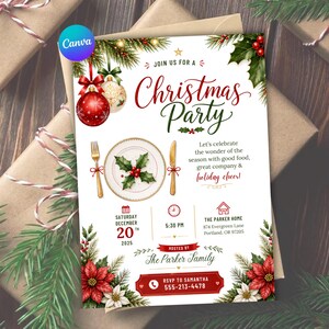 May include: A Christmas party invitation card featuring red and gold ornaments, holly, and poinsettias. The text reads: Join us for a Christmas Party, Saturday December 20th 2025, 5:30 PM, The Parker Home, 874 Evergreen Lane, Portland, OR 97205, Hosted by The Parker Family, RSVP to Samantha 555-213-4478.
