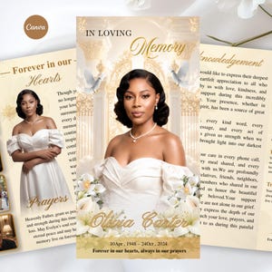 May include: A funeral programme template featuring a portrait of a person in a white off-the-shoulder dress, surrounded by white lilies and doves. The text reads In Loving Memory, Olivia Carter, 10Apr, 1948 - 24Oct, 2024, and Forever in our hearts.