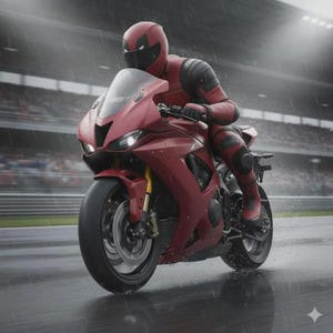 May include: A rider in a red and black full-body suit and matching helmet rides a matte red sport motorcycle on a wet racetrack. The motorcycle features dual headlights, a front fairing, and black tires. Rain falls on the track surface.