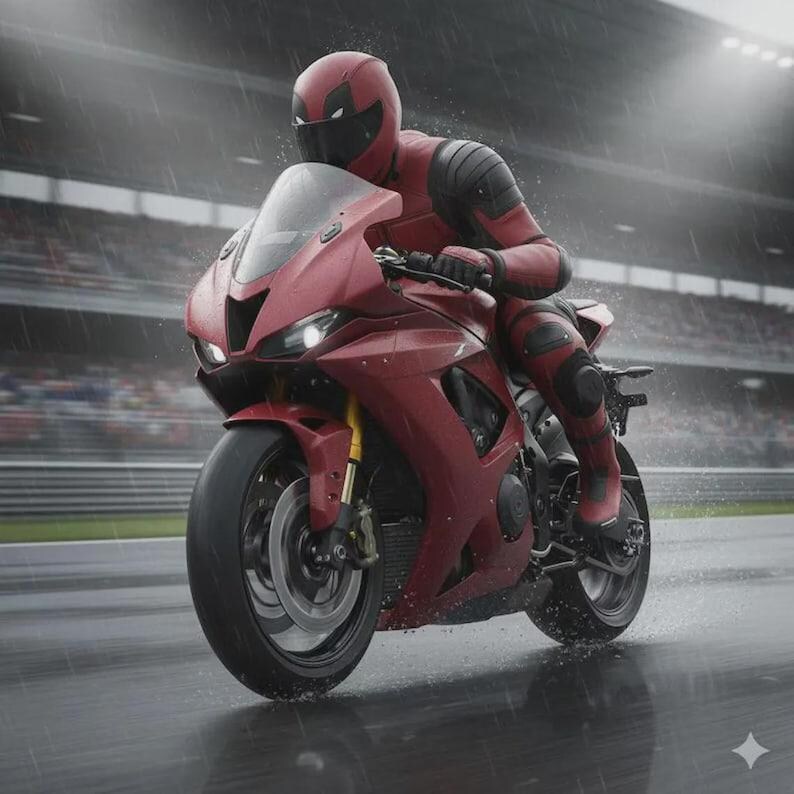 May include: A rider in a red and black full-body suit and matching helmet rides a matte red sport motorcycle on a wet racetrack. The motorcycle features dual headlights, a front fairing, and black tires. Rain falls on the track surface.