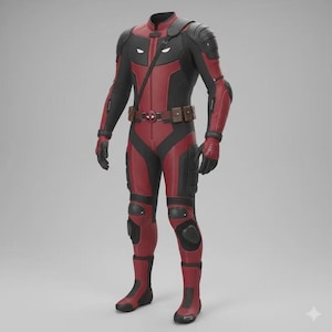 May include: A full-body tactical suit in red and black featuring a high collar, shoulder padding, and a utility belt with pouches. The chest displays a stylized white eye emblem, while the limbs include reinforced knee and elbow guards.