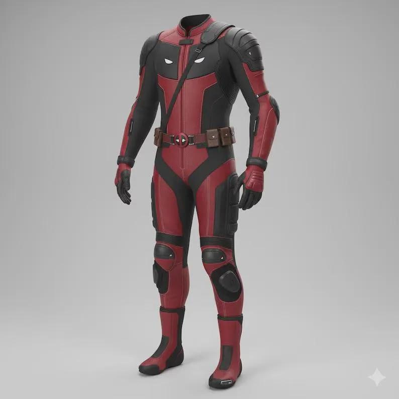 May include: A full-body tactical suit in red and black featuring a high collar, shoulder padding, and a utility belt with pouches. The chest displays a stylized white eye emblem, while the limbs include reinforced knee and elbow guards.