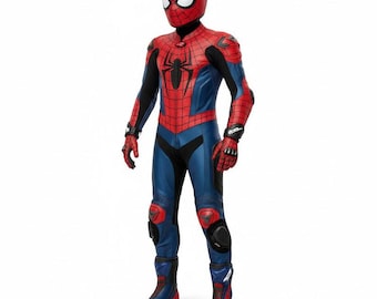 Traje de carreras de moto de Spider-Man en rojo y azul, de cuero, atuendo de carreras para cosplay de superhéroe, traje de motociclista, equipo de motociclista de cuero inspirado en los cómics.