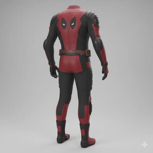May include: A full-body suit in red and black featuring a Deadpool mask emblem on the back. The suit includes integrated shoulder, elbow, and knee padding, a brown utility belt at the waist, and matching gloves and boots in a textured material.