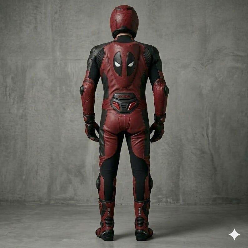 Puede incluir: Un traje de moto de cuerpo completo en cuero rojo oscuro y negro, con casco a juego. La parte posterior del traje muestra un prominente emblema de ojo en blanco y negro, con armadura protectora integrada en hombros, espalda y piernas.