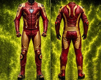 Traje de motociclista inspirado en Iron Hero, rojo y dorado, de cuero, para cosplay / Traje de motociclista blindado / Disfraz de motociclista personalizado