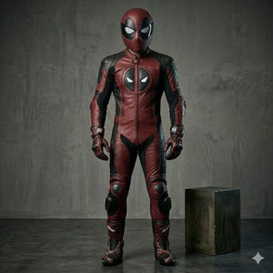 Puede incluir: Un traje de moto de cuerpo completo en cuero rojo oscuro y negro, con un casco integral a juego con visores blancos. El pecho muestra un emblema circular con ojos blancos, y el traje incluye protecciones integradas en las rodillas.