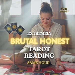 May include: A woman is seated on a red rug, surrounded by tarot cards. The image features the text "EXTREMELY BRUTAL HONEST TAROT READING SAME HOUR" and "PURE ENERGY". The woman is wearing a cream-colored top and jewelry.