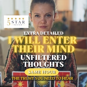 May include: A person wearing a patterned top holding tarot cards. Text overlay reads: 5 STAR REVIEW, EXTRA DETAILED, I WILL ENTER THEIR MIND, UNFILTERED THOUGHTS, SAME HOUR, THE TRUHT YOU NEED TO HEAR. The cards feature sun and star illustrations.