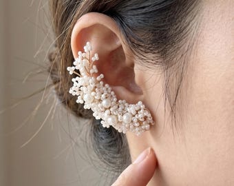 Beaded Ear Climbers: Vintage Pearl Crawler Earrings, Handmade Floral Ear Cuffs for Brides