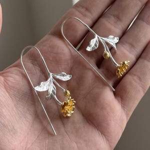 Sterling Silver Floral Drop Earrings: Botanical Dangle Jewelry, Two Tone Flower Threader
