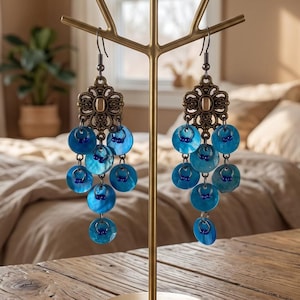 Blue Shell Dangle Earrings: Boho Bronze Chandelier Drop with Seed Beads