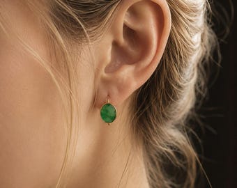 Green Jade Oval Huggie Earrings: Dainty Gold Gemstone Hoops