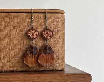 Rustic Botanical Drop Earrings: Natural Seed Pod & Wood Slice Earthy Jewelry