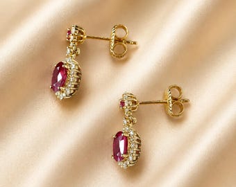 Vintage Ruby Drop Earrings: Oval Red Gemstone Halo Studs - French Palace Jewelry