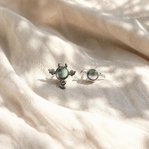 May include: Two silver rings with iridescent, round stones. One ring features a devil design with horns, wings, and a tail. The other ring has a heart-shaped design. Both rings are set against a neutral, textured background.