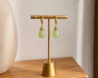 Jade Teardrop Hoop Earrings: Dainty Gold Floral Drop Earrings for Everyday Wear