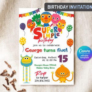 Może przedstawiać: Biały szablon zaproszenia na urodziny z kolorowymi postaciami z kreskówek, balonami i chorągiewkami. Tekst zawiera Super Simple Birthday, George turns five, Saturday, August 15 at 12:00 PM, George's House 33445 Hidden Valley Drive oraz RSVP to Harper 234.876.5432.