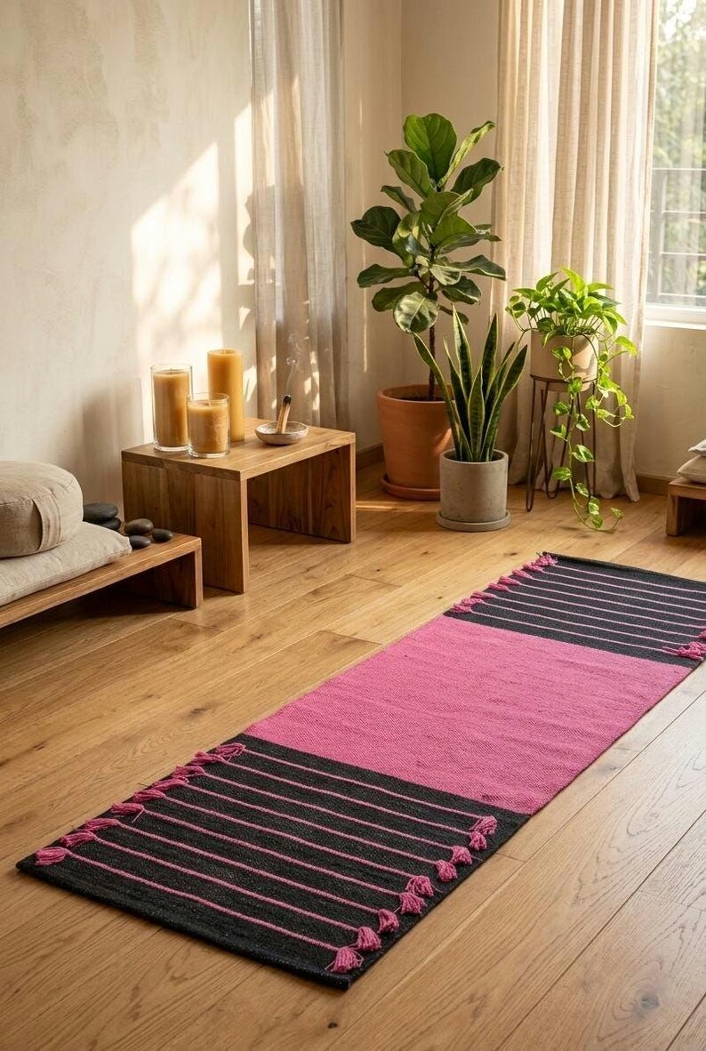Esterilla de yoga de algodón orgánico, tejida a mano, natural, para meditación y ejercicio (60 x 180 cm). imagen 5