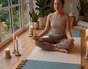 Esterilla de yoga de algodón orgánico, tejida a mano, natural, para meditación y ejercicio (60 x 180 cm).