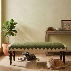 Può includere: Una panca rettangolare con una seduta in tessuto verde scuro caratterizzata da un motivo a zigzag color crema lungo i bordi. La panca è sostenuta da quattro gambe in legno tornito marrone scuro. Un piccolo cane grigio e un gatto arancione riposano sul pavimento.