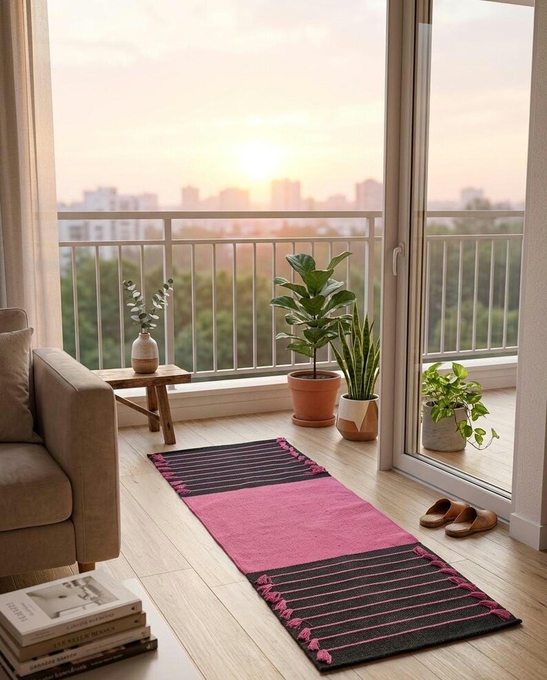 Esterilla de yoga de algodón orgánico, tejida a mano, natural, para meditación y ejercicio (60 x 180 cm). imagen 3