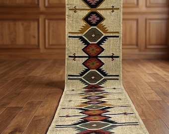 Handmade Southwestern Runner Rug – Boho Tribal Hallway Carpet with Geometric Pattern