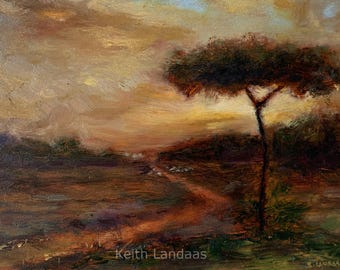 Original Oil painting- American artist- Sunset and path , Shepherd and Sheep- By Keith Landaas