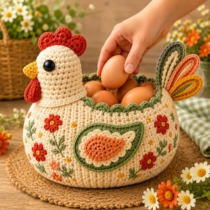 Peut inclure: Un panier en crochet en forme de poule couleur crème avec une crête et des barbillons rouges, un bec jaune et des yeux noirs. Le corps est orné de fleurs rouges et orange brodées, avec une aile et des plumes de queue vertes et orange.