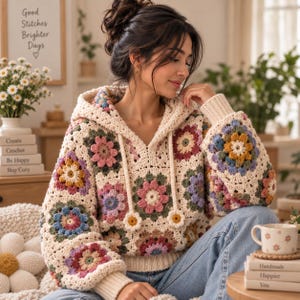 May include: A long-sleeve hooded jumper crafted from cream-coloured yarn featuring a multi-coloured granny square floral pattern in shades of pink, blue, yellow, and green. The garment includes a drawstring hood with flower-shaped ends and ribbed cuffs.