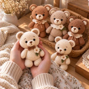 May include: Five small crocheted teddy bears in shades of cream, light tan, and medium brown. Each bear features a round head, dark eyes, a stitched nose, and a decorative collar with a small flower or bow. One bear is held in the foreground.