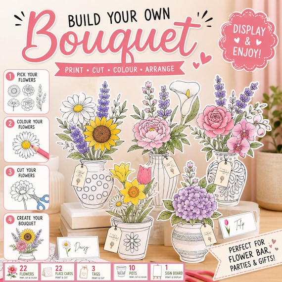 Flower Bar Printable Kit | Pink Sign Set | DIY Bouquet Activity | 30+ Flowers & Vase Designs |  Bold Outline Flowers Printable Coloring Vase