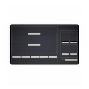 May include: A rectangular dark gray desk mat featuring a printed layout with thin gold lines. The design includes two large horizontal sections, a vertical column with four smaller rectangular boxes, and a bottom row of six small labels.